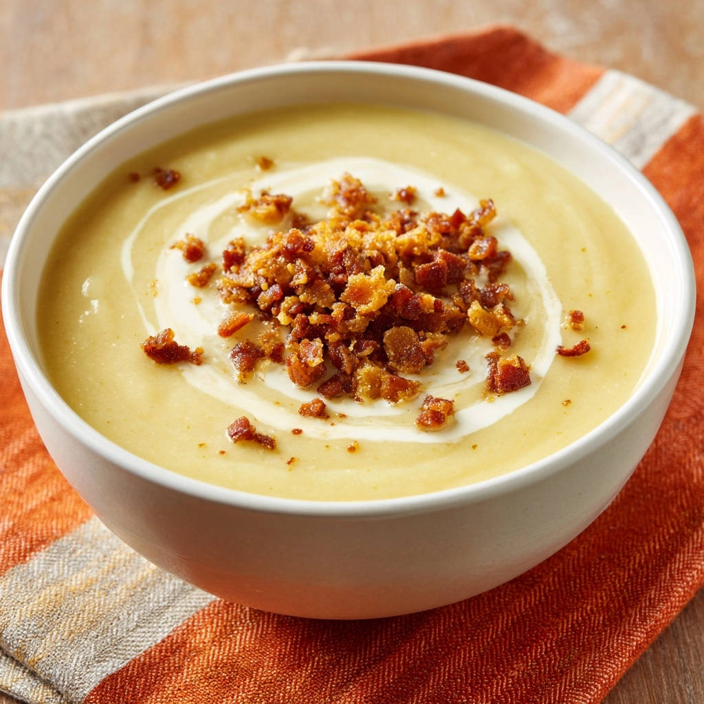 Restaurant-style potato soup with a swirl of cream and a generous topping of crumbled bacon.