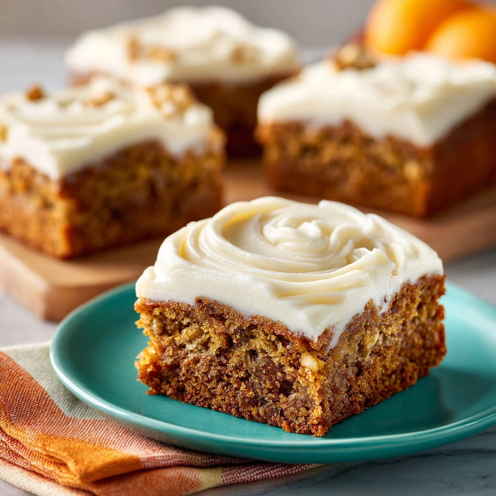 Grandma's Best Ever Pumpkin Spice Cake, a moist and tender slice with cream cheese frosting on a teal plate.