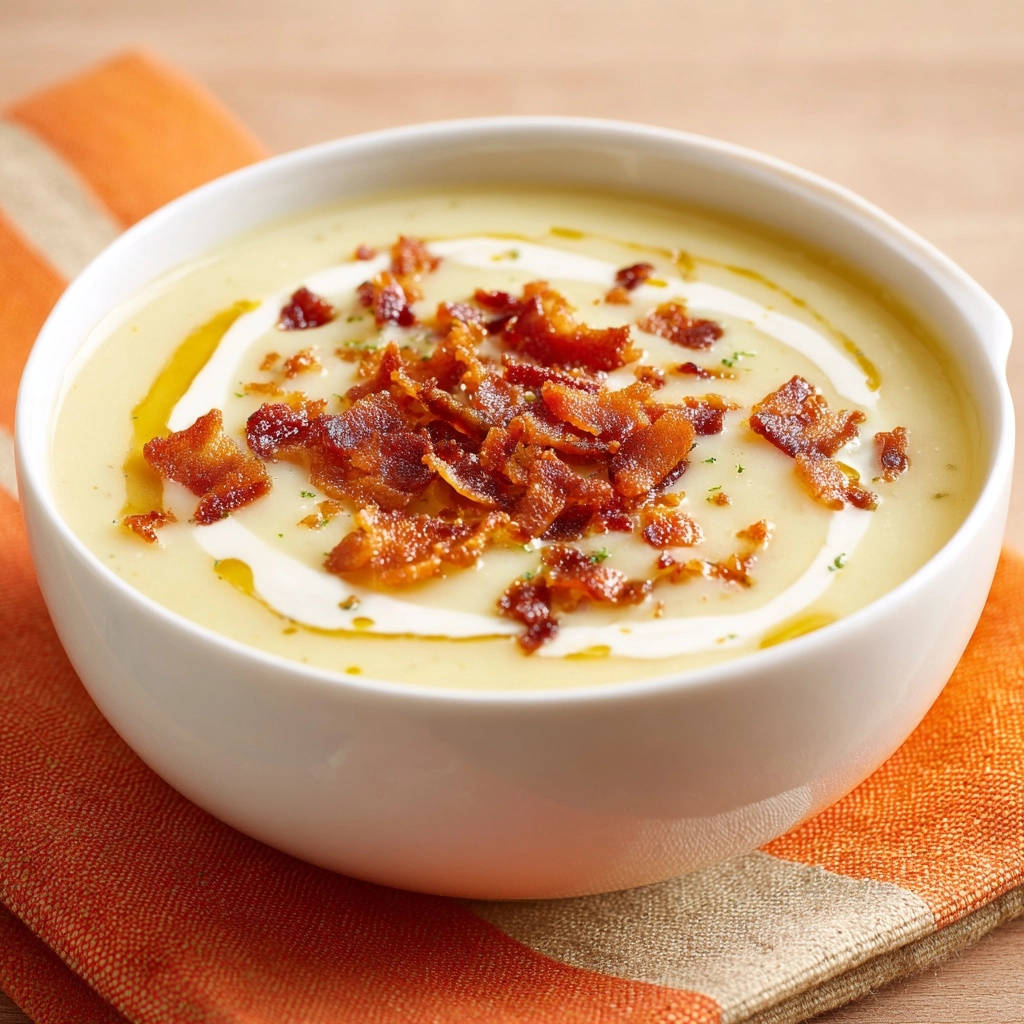 Restaurant-style potato soup garnished with crispy bacon and a swirl of cream in a white bowl.