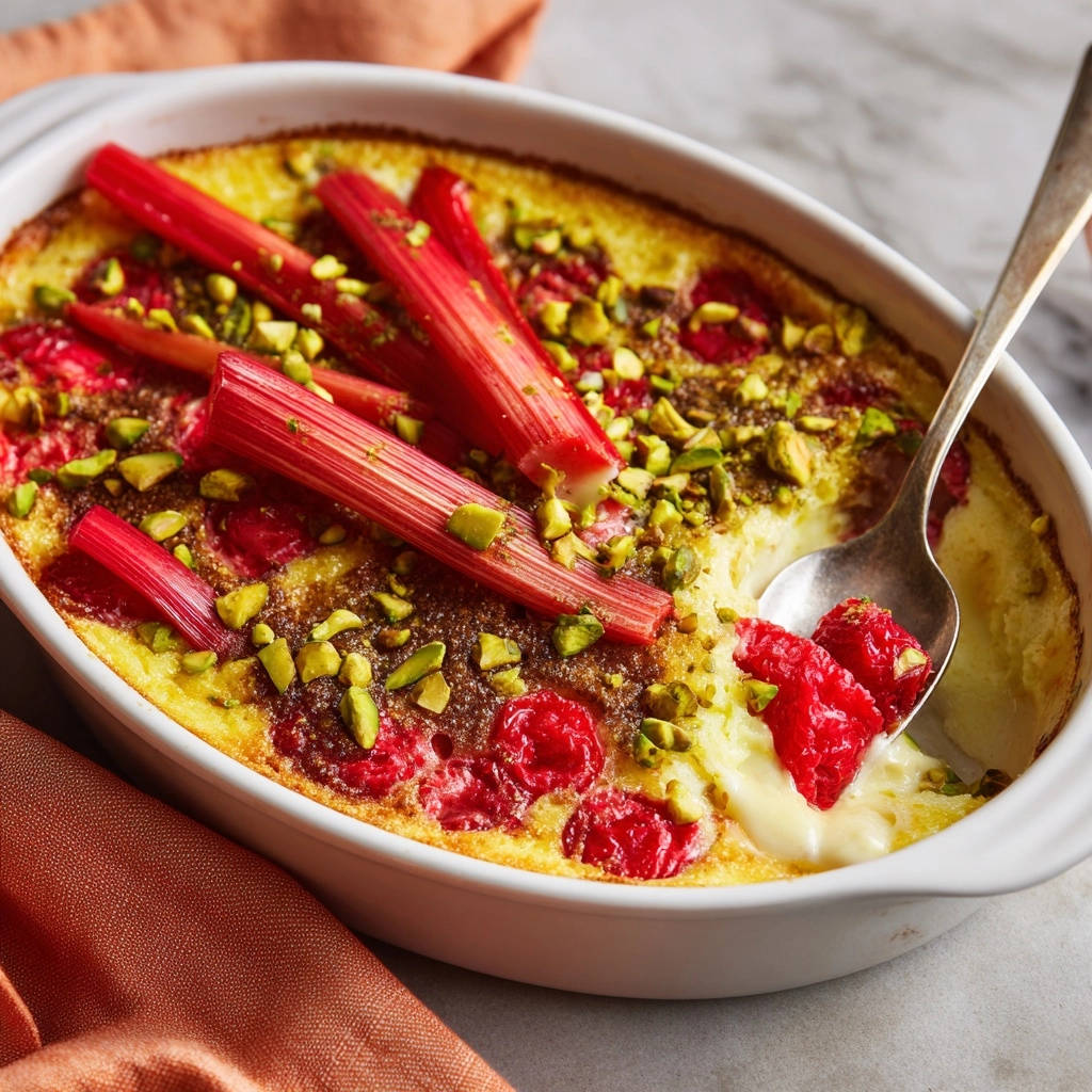 Vibrant rhubarb semolina bake with a spoonful showing raspberries and creamy custard, topped with pistachios.