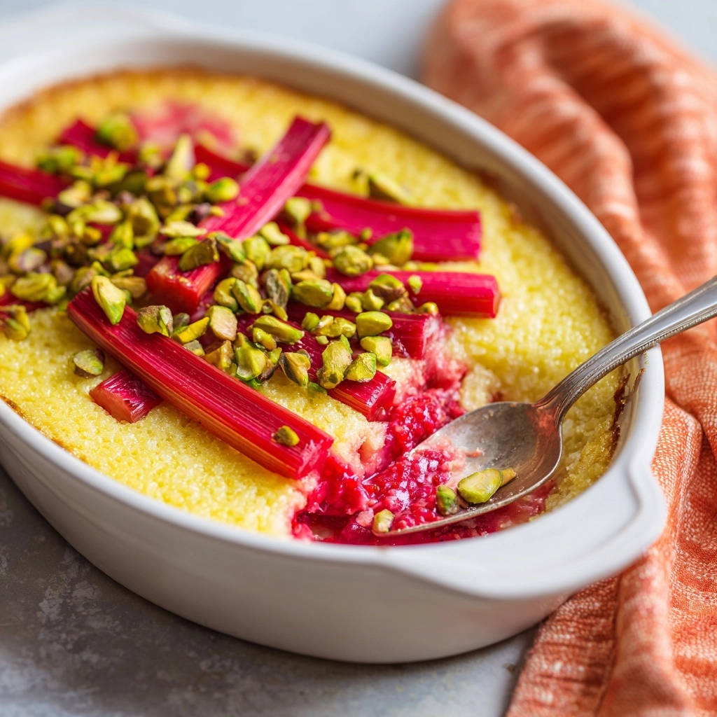 Vibrant rhubarb semolina bake with pistachios, a spoonful revealing the fluffy interior and tart fruit.
