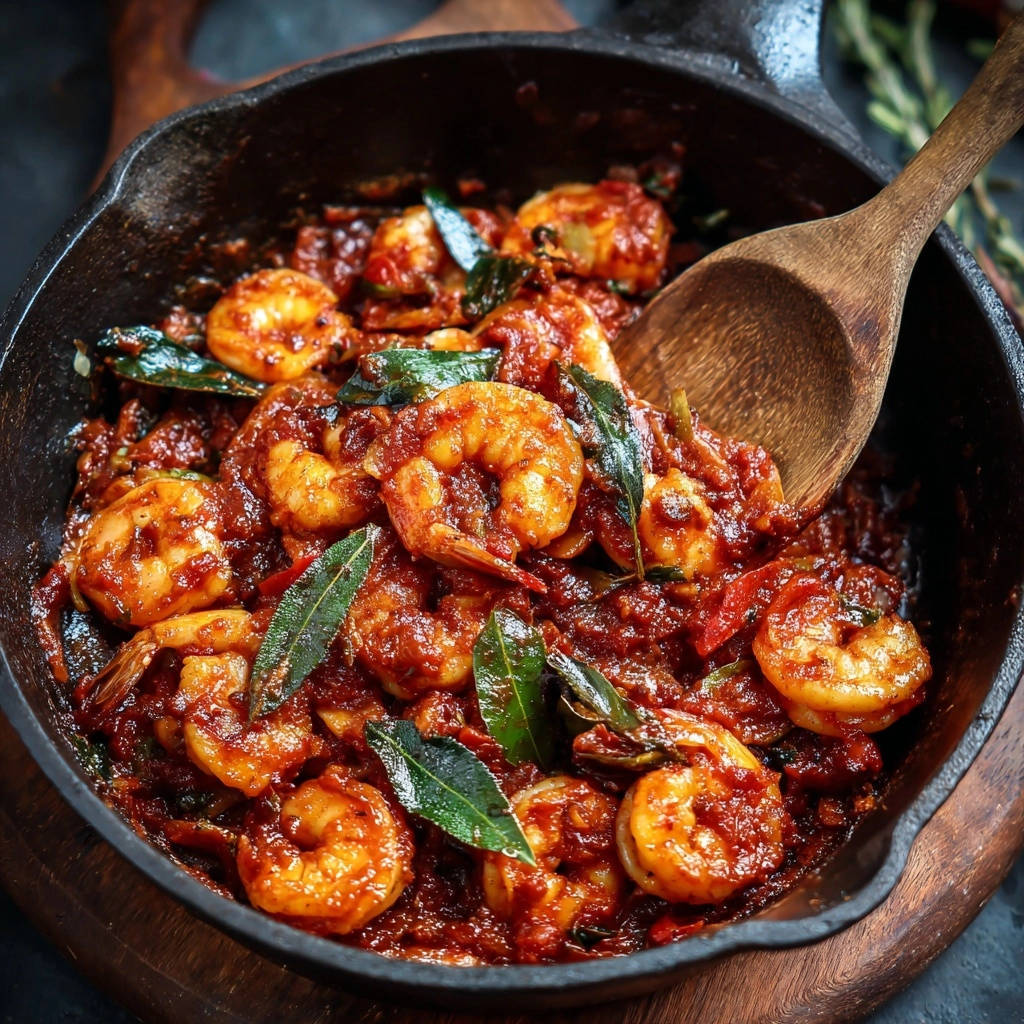 Rich skillet shrimp in a cast iron pan, a close-up view showing tender shrimp coated in a rich sauce with fresh herbs.