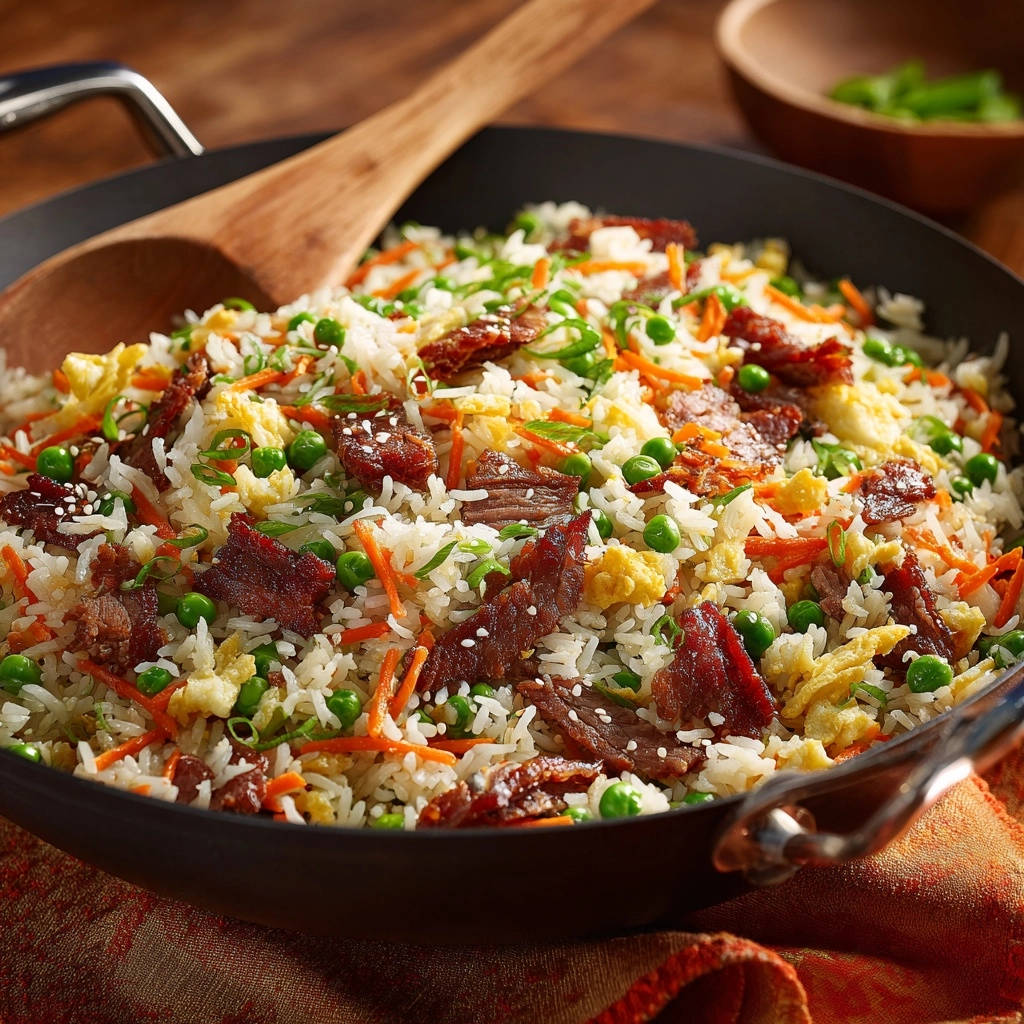 Classic roast beef fried rice being stirred in a wok with a wooden spoon, showing peas and carrots.