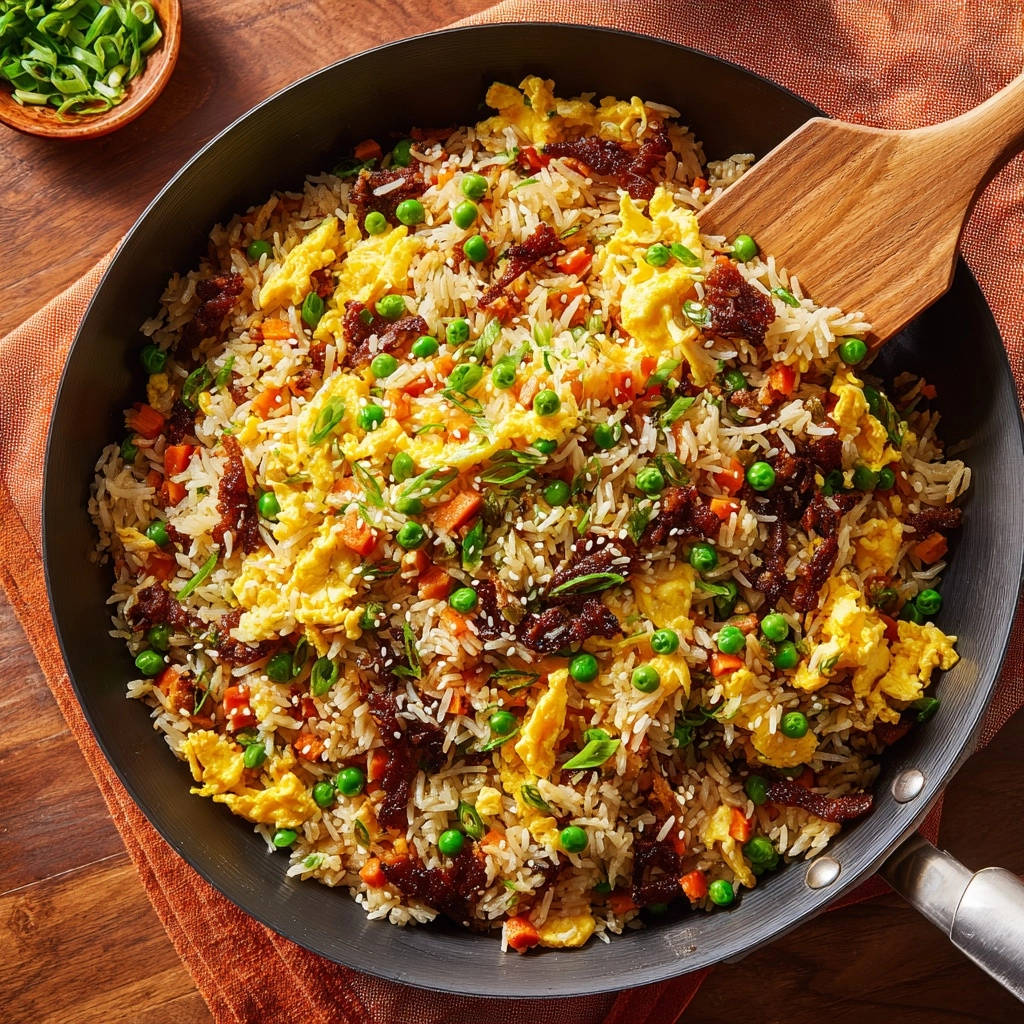Classic roast beef fried rice with scrambled eggs, peas, and carrots, being stirred with a wooden spatula in a wok.