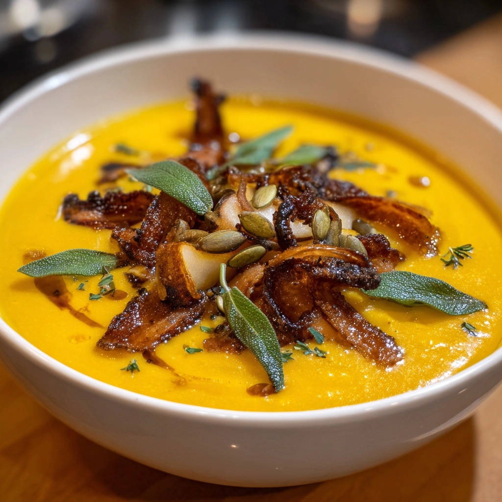 Decadent roasted butternut squash soup garnished with fried sage, mushrooms, and pumpkin seeds.