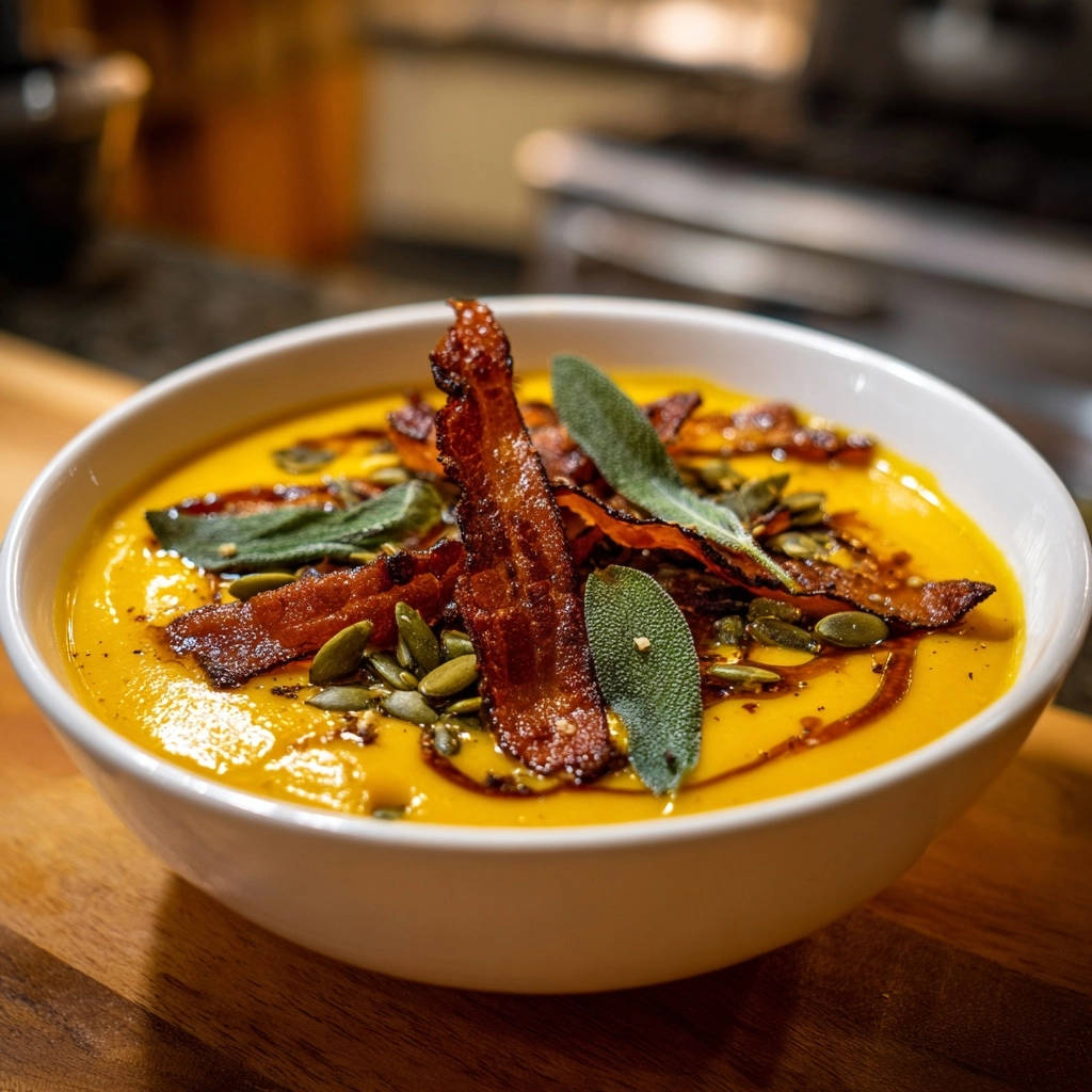Decadent roasted butternut squash soup topped with crispy bacon, sage leaves, and pumpkin seeds.