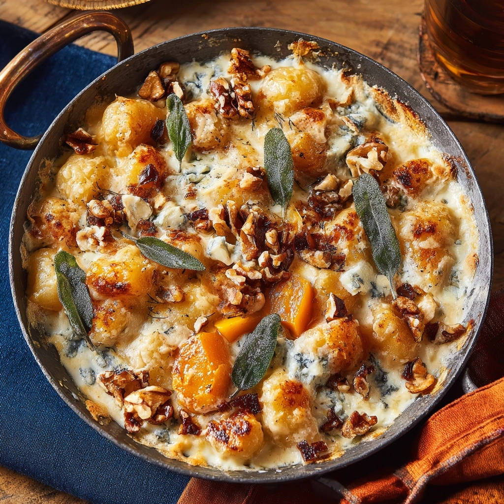 Roasted squash gnocchi bake served in a skillet with walnuts and sage, shown in an overhead view.