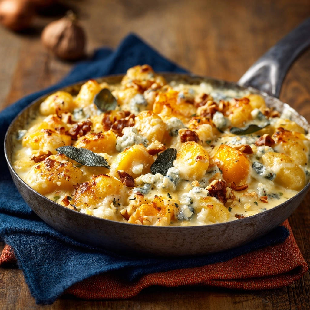 Roasted squash gnocchi bake in a skillet, topped with blue cheese and walnuts, offering a close-up view.