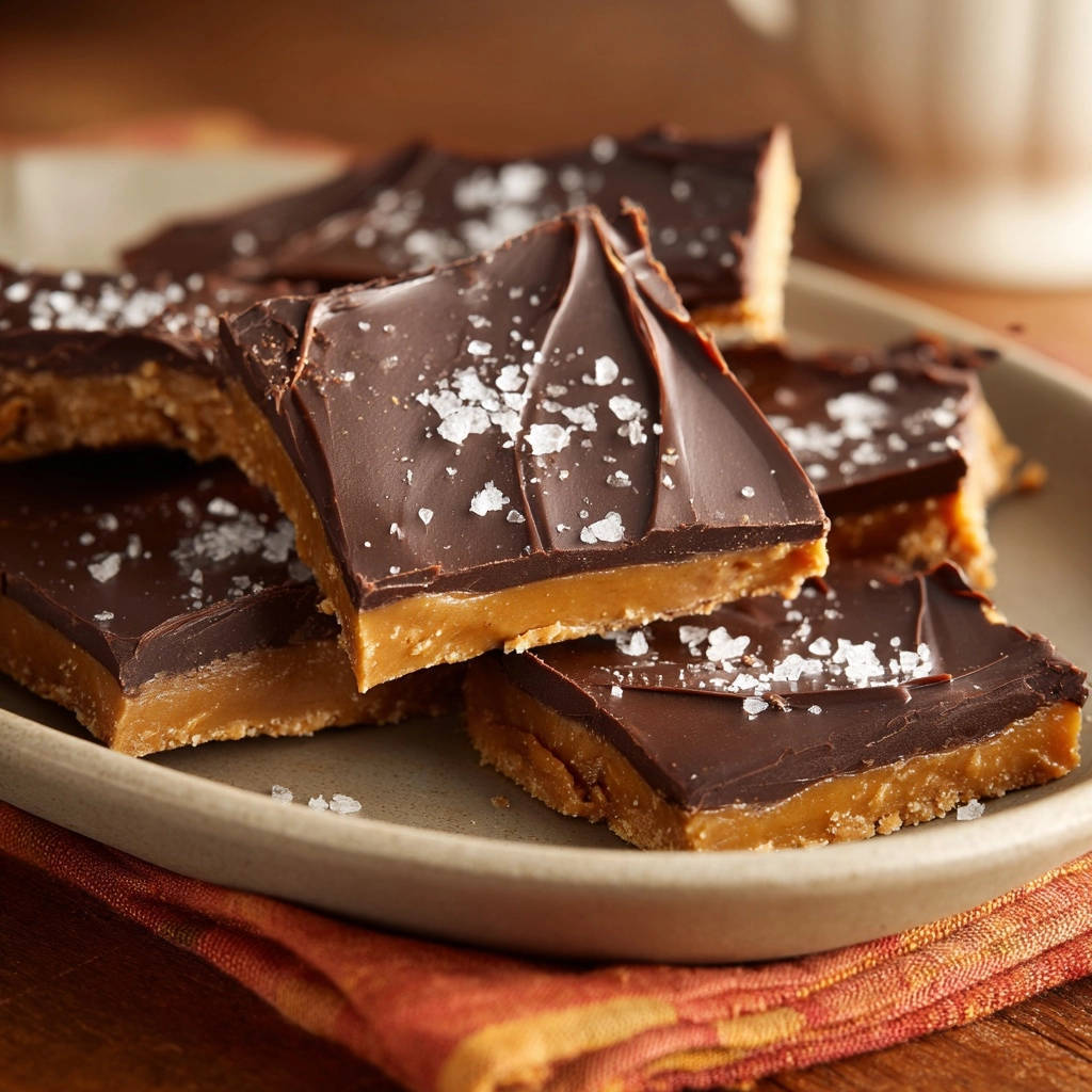 Salted caramel chocolate bars with a close-up view of the flaky sea salt topping on a stack.