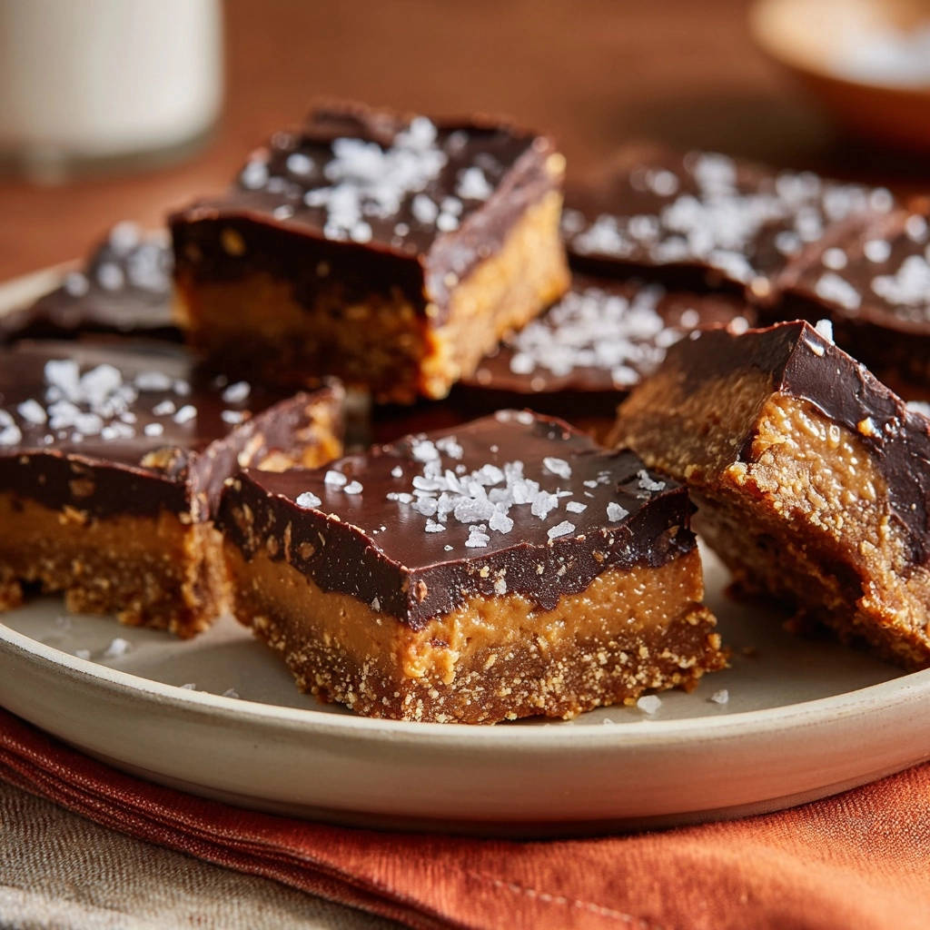Salted caramel chocolate bars cross-section showing chewy caramel and chocolate topping sprinkled with sea salt.