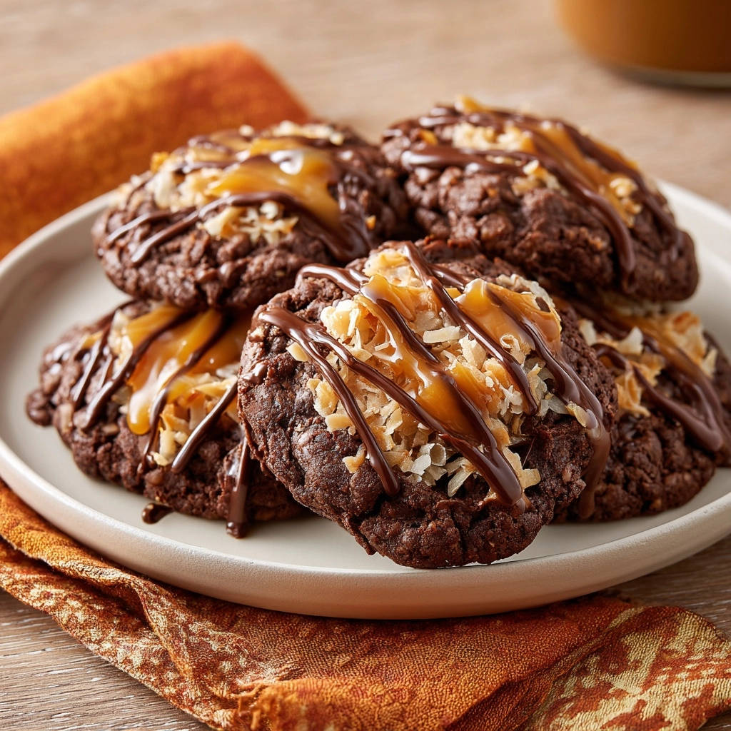 Samoa-style chocolate drop cookies drizzled with chocolate and caramel, topped with toasted coconut.