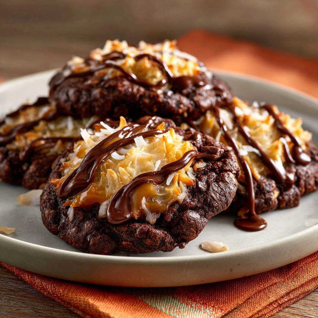 Samoa-style chocolate drop cookies topped with toasted coconut and drizzled with chocolate glaze.