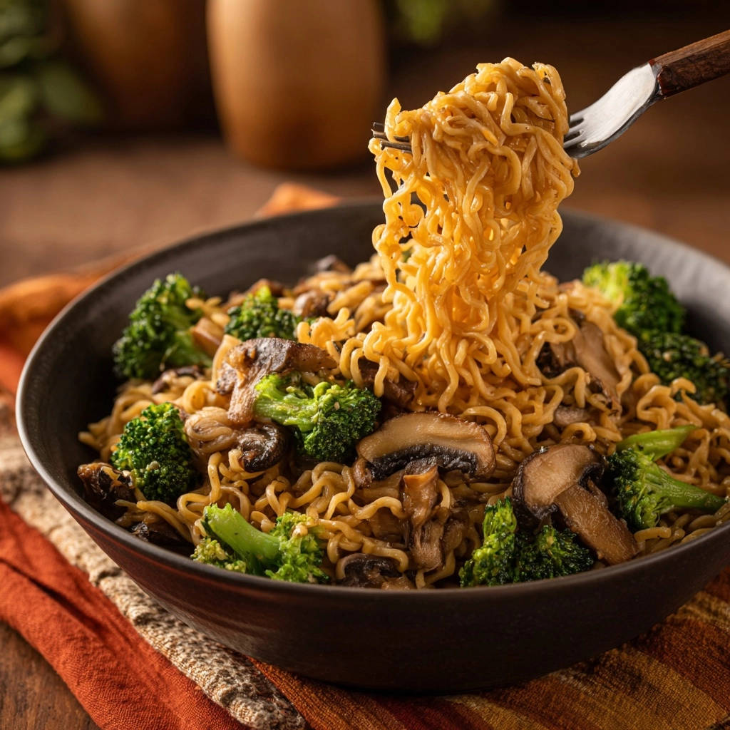 Easy saucy ramen stir-fry with a fork lifting a generous portion of perfectly separated noodles.