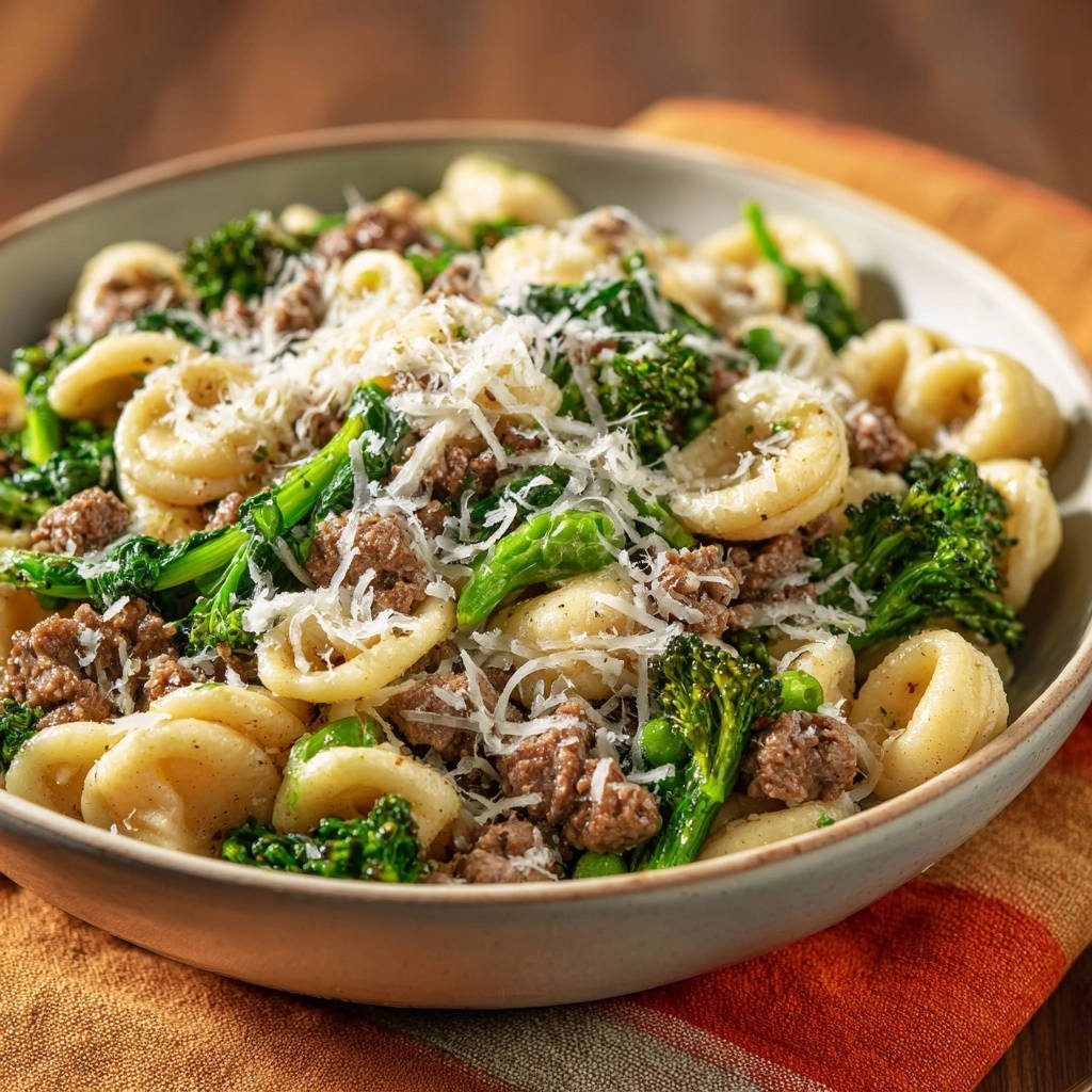 Sausage and broccolini orecchiette served in a close-up bowl, generously topped with grated Parmesan cheese.