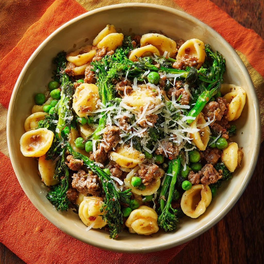 Sausage and broccolini orecchiette in a bowl, generously topped with grated Parmesan cheese.