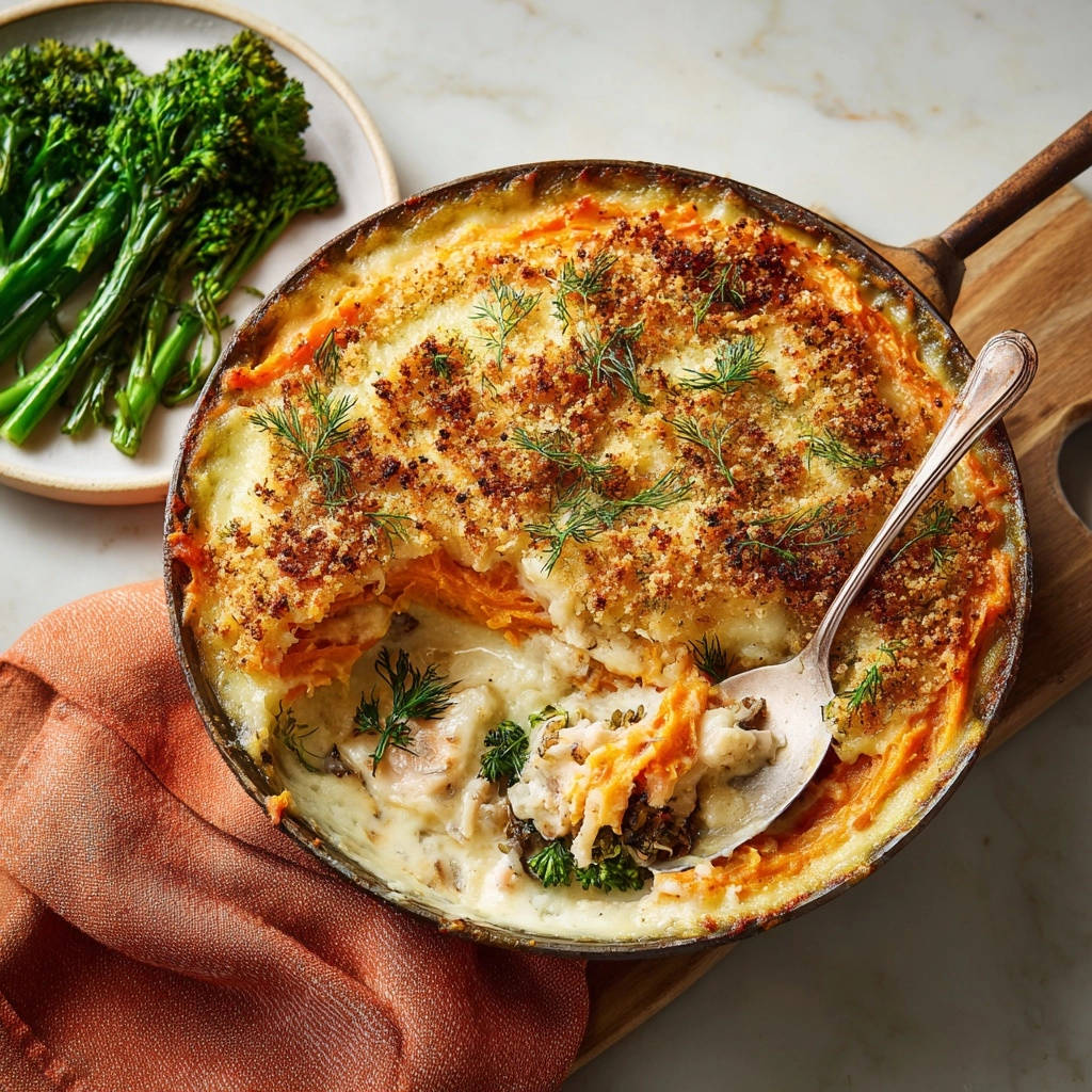 Savory chicken and sweet potato bake shown in a cross-section with a spoon scooping out a creamy portion.
