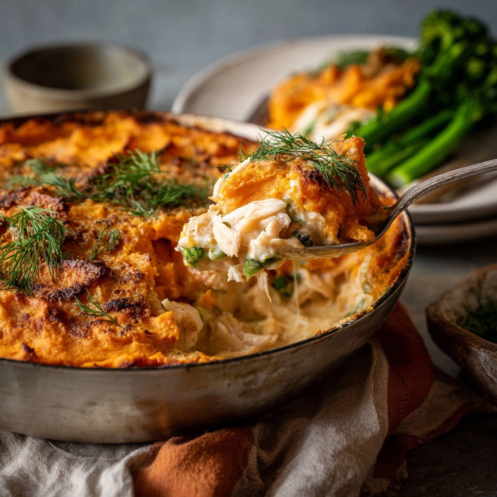 Savory chicken and sweet potato bake shown in a spoonful cross-section with creamy filling and green peas.
