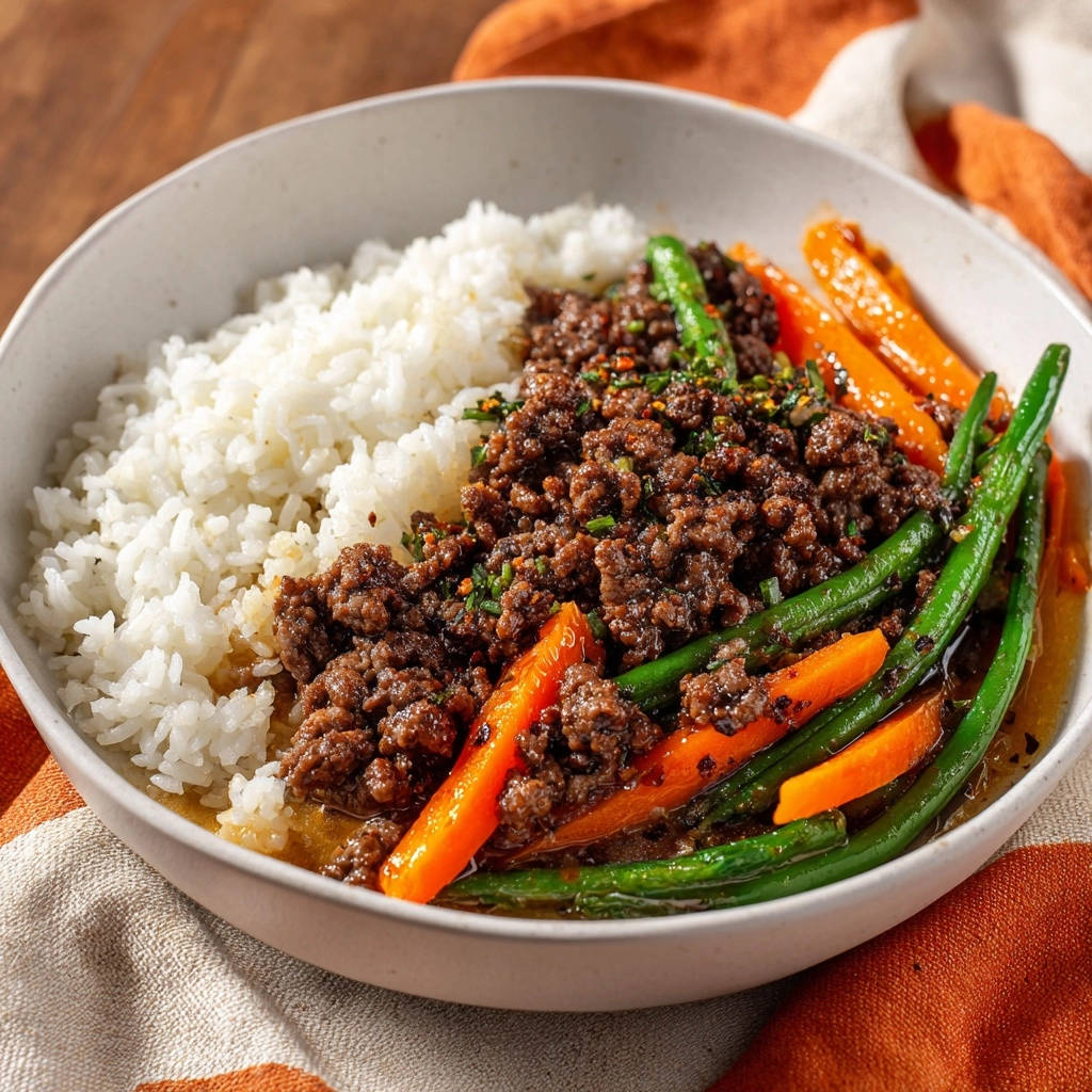 Savory ground beef and veggies over rice served in a white bowl with a close-up view of the textures.