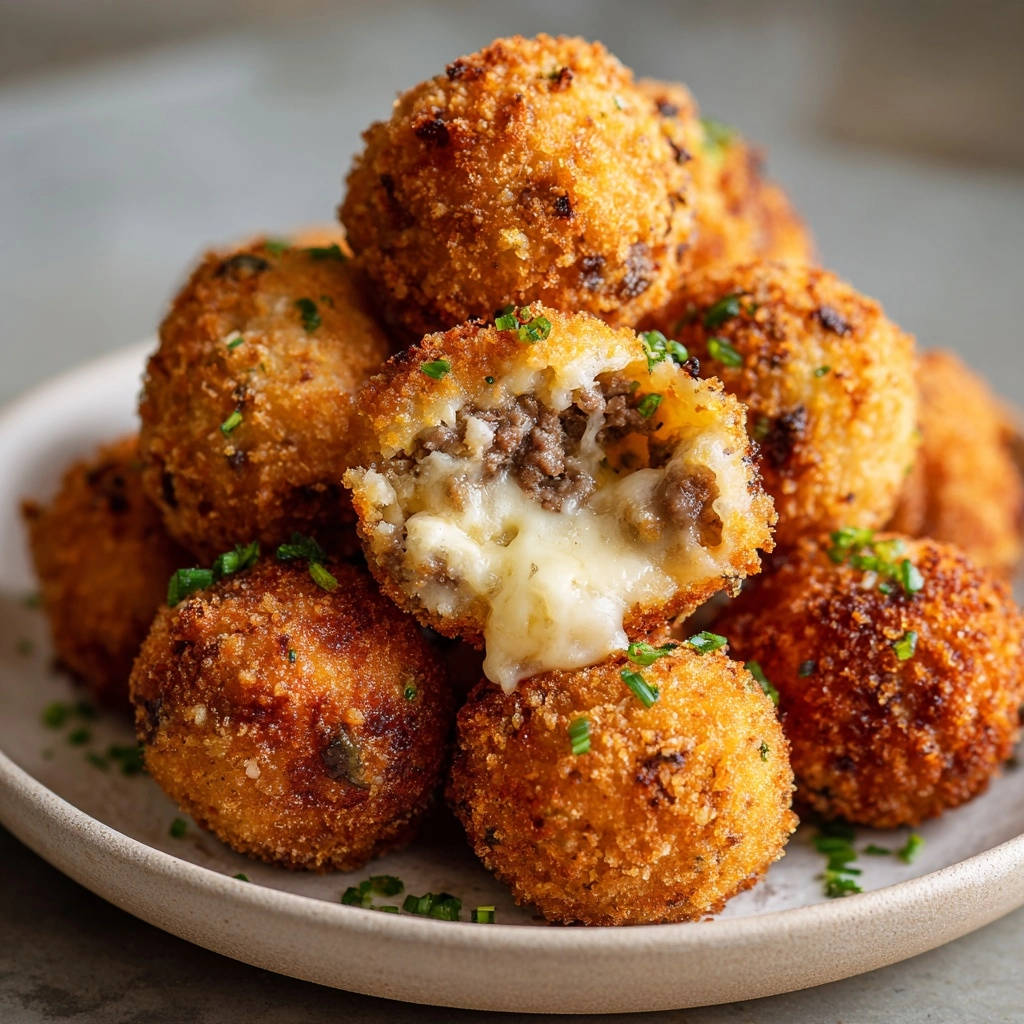 Savory meat and cheese croquettes shown in a close-up cross-section revealing a gooey cheese pull.