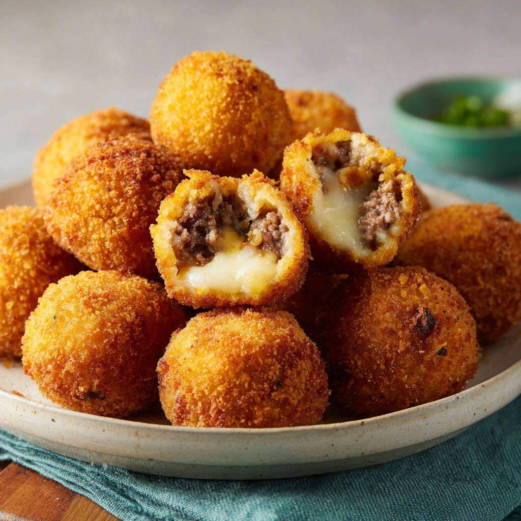 Savory meat and cheese croquettes shown in a close-up cross-section revealing a gooey cheese center.