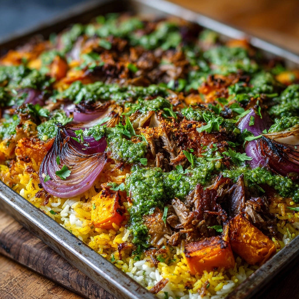 Sheet pan pulled beef and roasted veggies over spiced rice, close-up showing the textures of the pulled beef and green sauce.