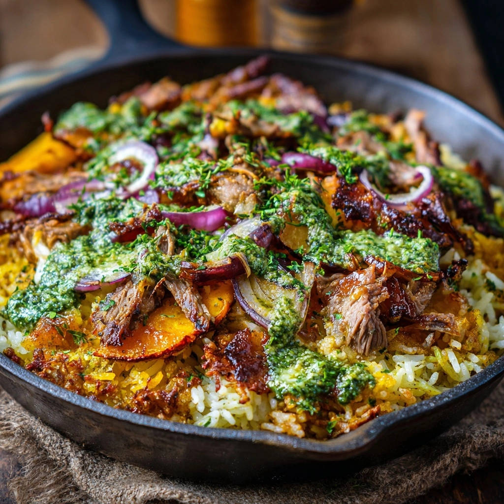 Sheet pan pulled beef and roasted veggies over spiced rice, served in a cast iron skillet with a vibrant green herb sauce.