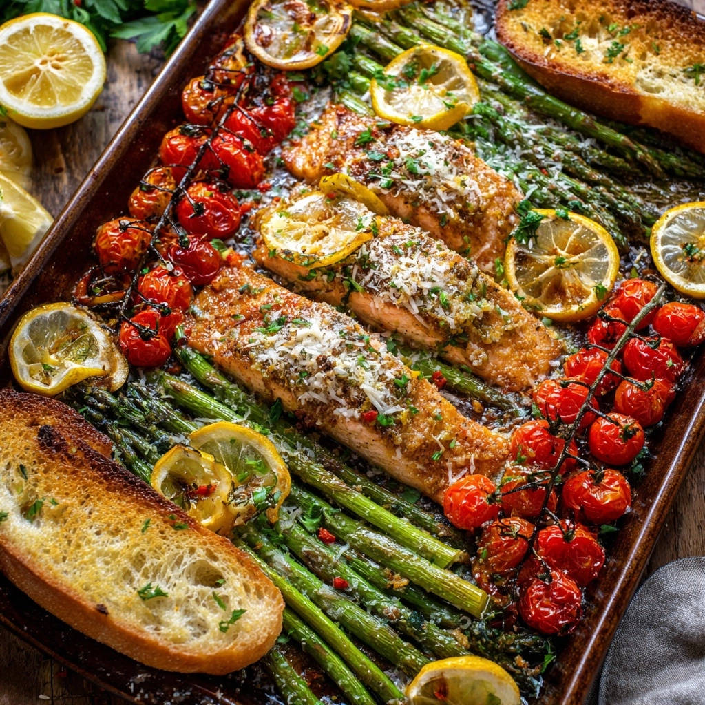 Sheet pan salmon and veggies featuring a flavorful crust, roasted cherry tomatoes, asparagus, and lemon slices.