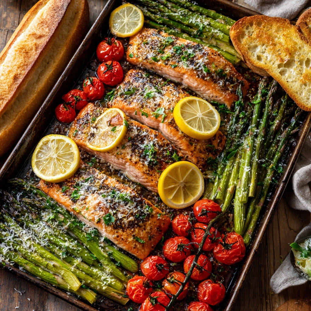 Sheet pan salmon and veggies overhead view on a rustic metal tray with lemon slices and toasted bread.