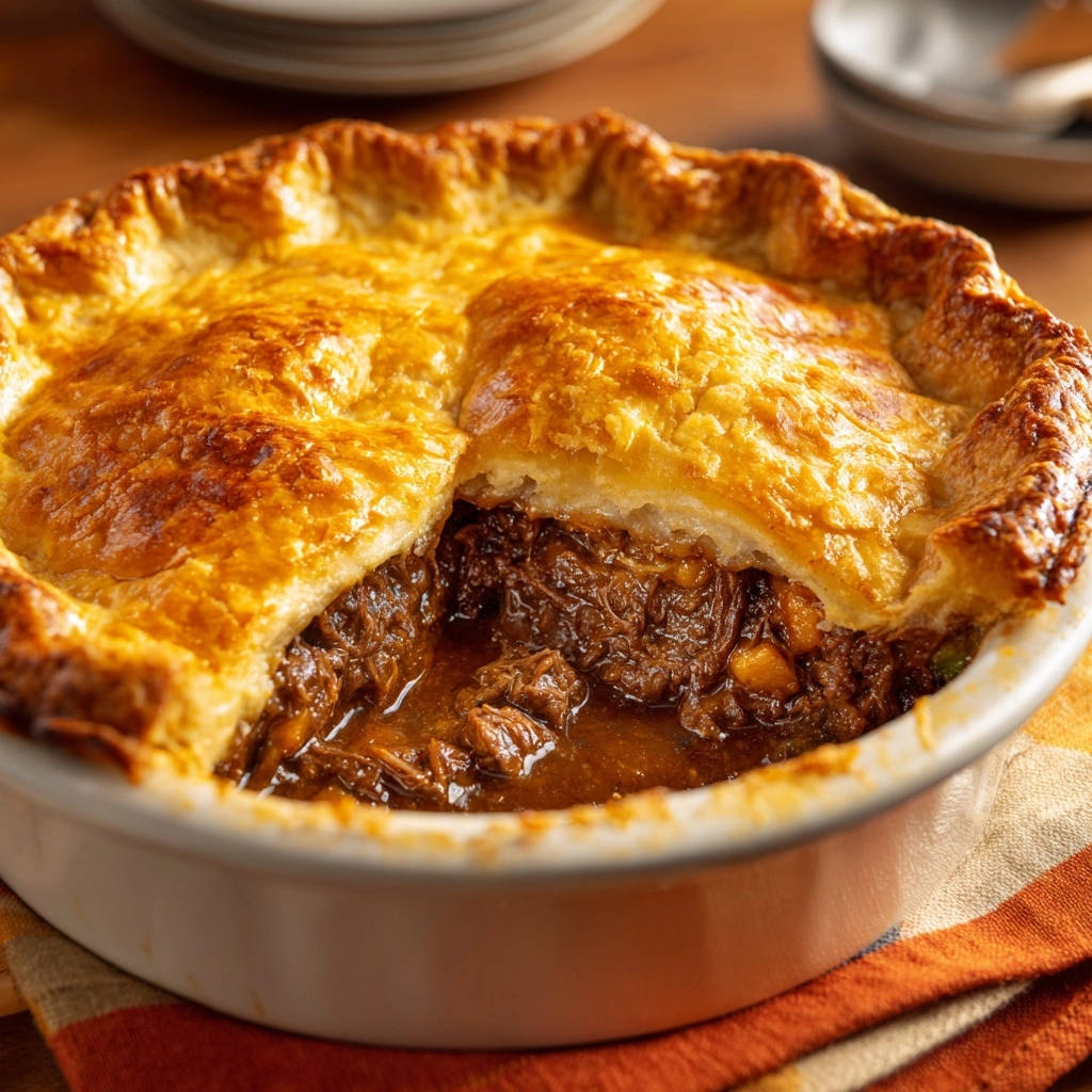Rich shredded beef pot pie shown in a close-up cross-section revealing the thick, savory gravy and tender meat.