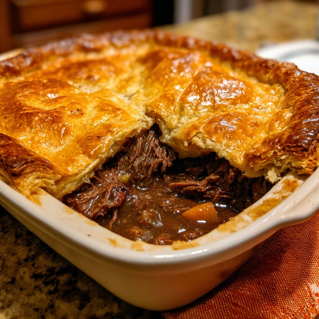 Rich shredded beef pot pie with a golden, flaky crust pulled back to show the hearty filling and thick gravy.