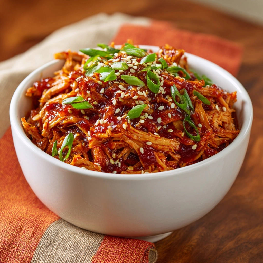 Sweet & Savory Shredded Chicken shown in a white bowl, generously garnished with sesame seeds and chopped green onions.
