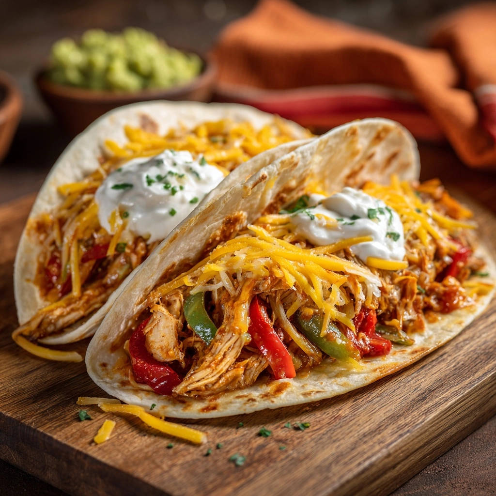 Shredded chicken tacos with peppers and cheese topped with sour cream and chives on a wooden board.