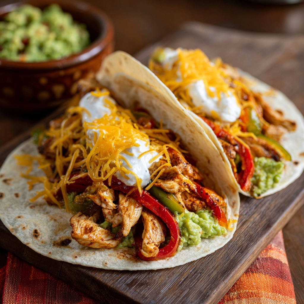 Shredded chicken tacos with peppers and cheese, two fully assembled tacos served on a wooden board.