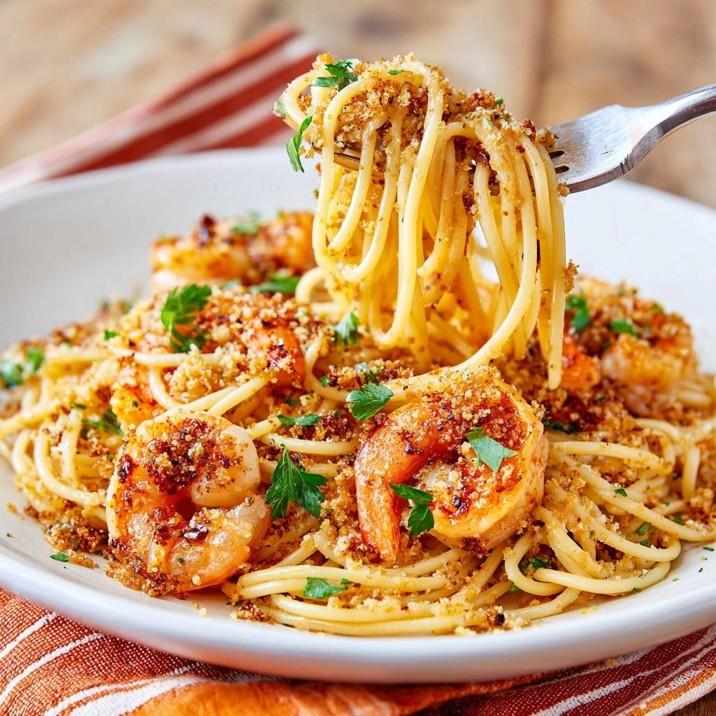 Classic shrimp scampi pasta with crispy crumbs, a forkful lifting the spaghetti and topping.