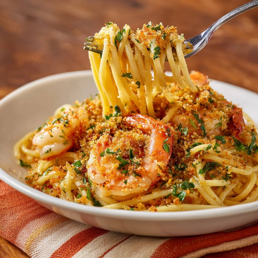 Classic shrimp scampi pasta with a forkful lifted, showcasing crispy crumbs and fresh parsley.