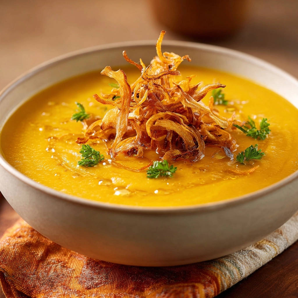 Silky butternut soup with frizzled onion topping, a close-up detail shot highlighting the garnish.