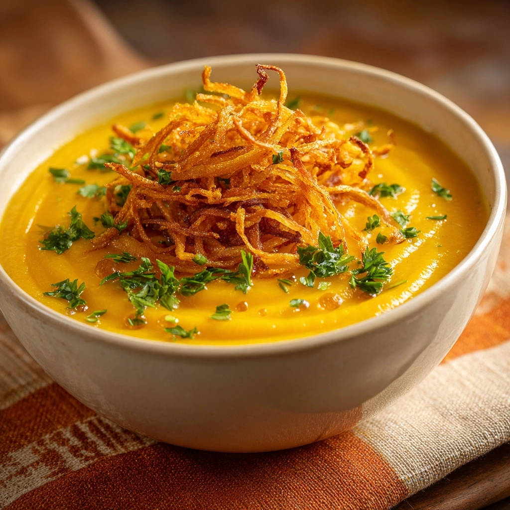 Silky butternut soup with frizzled onion topping and parsley garnish, presented in a bowl on a striped cloth.