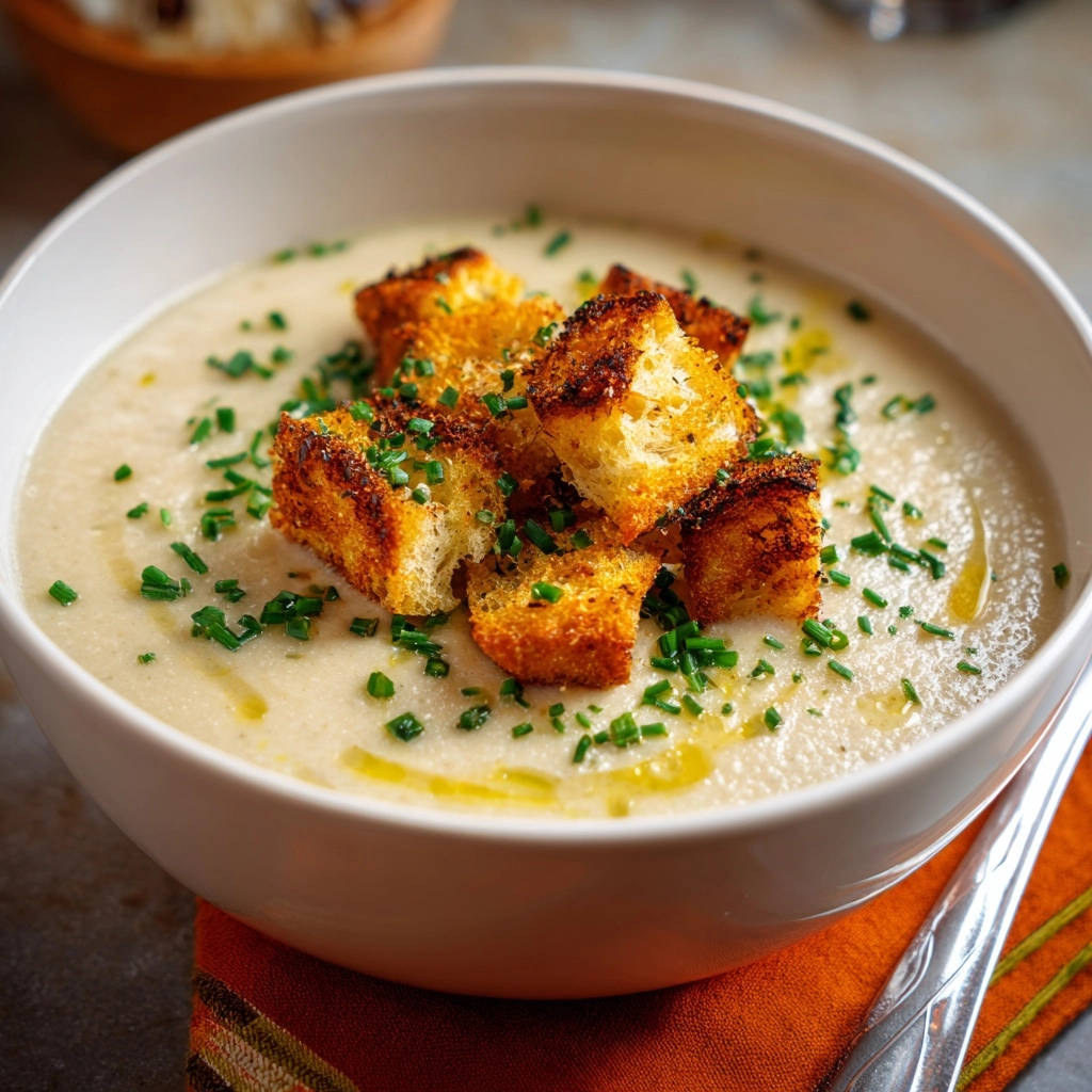 Silky creamy potato soup topped with golden croutons and fresh chives, drizzled with olive oil.