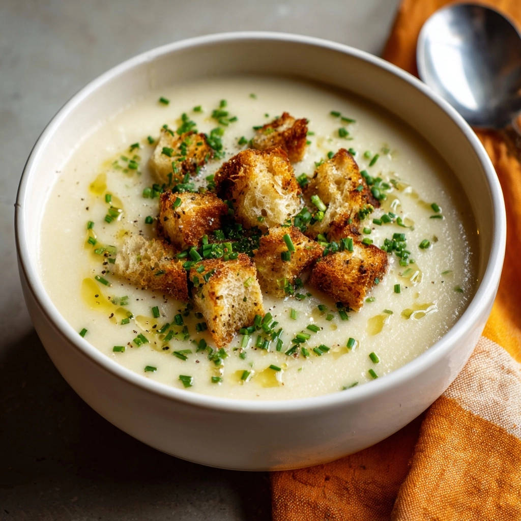 Silky creamy potato soup garnished with golden croutons, fresh chives, and a drizzle of olive oil.