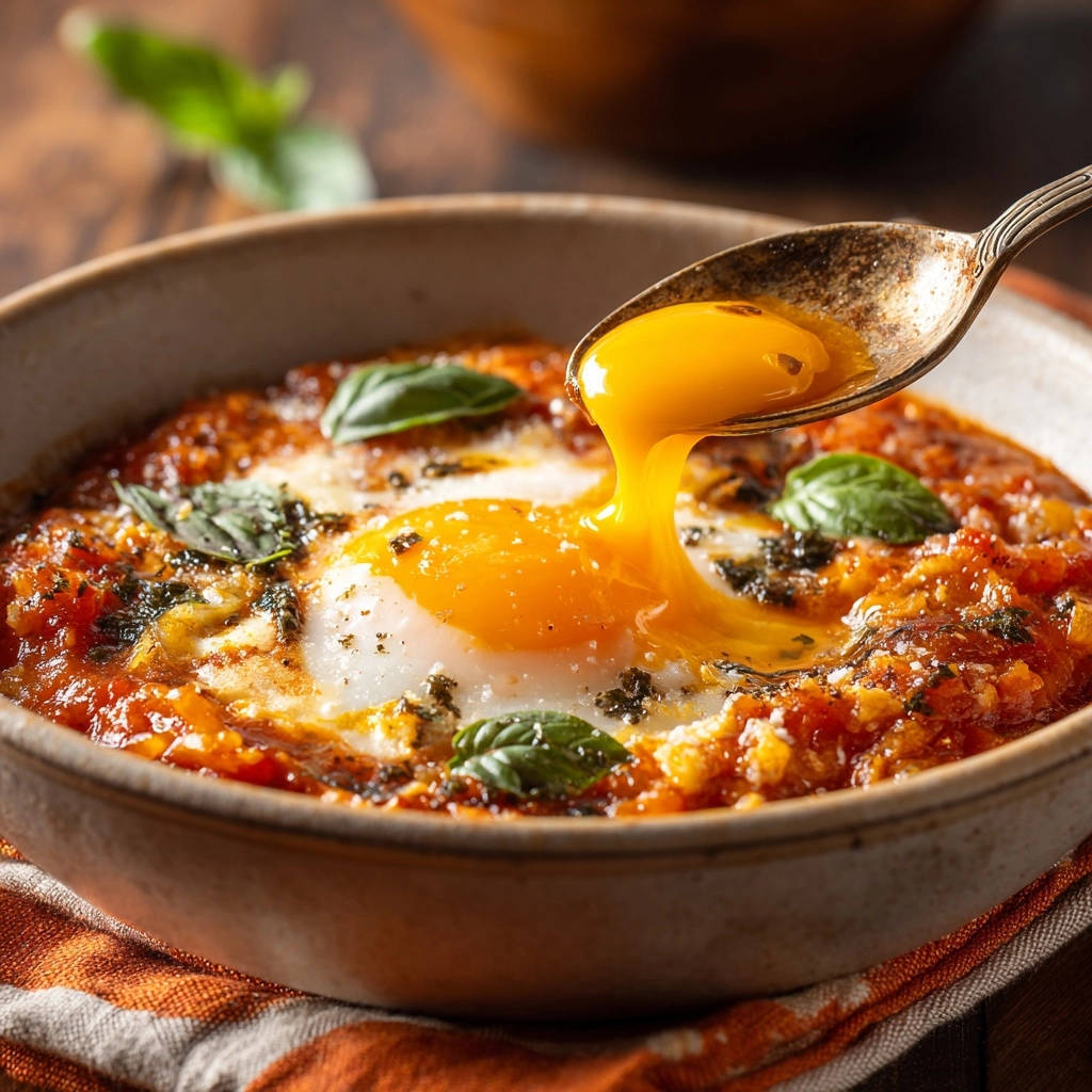 Single-serve baked eggs in tomato sauce with a runny yolk being lifted by a spoon.