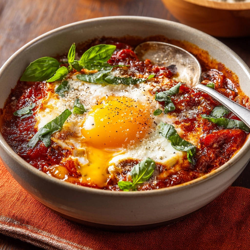 Single-serve baked eggs in tomato sauce with a close-up of the runny yolk and fresh basil garnish.