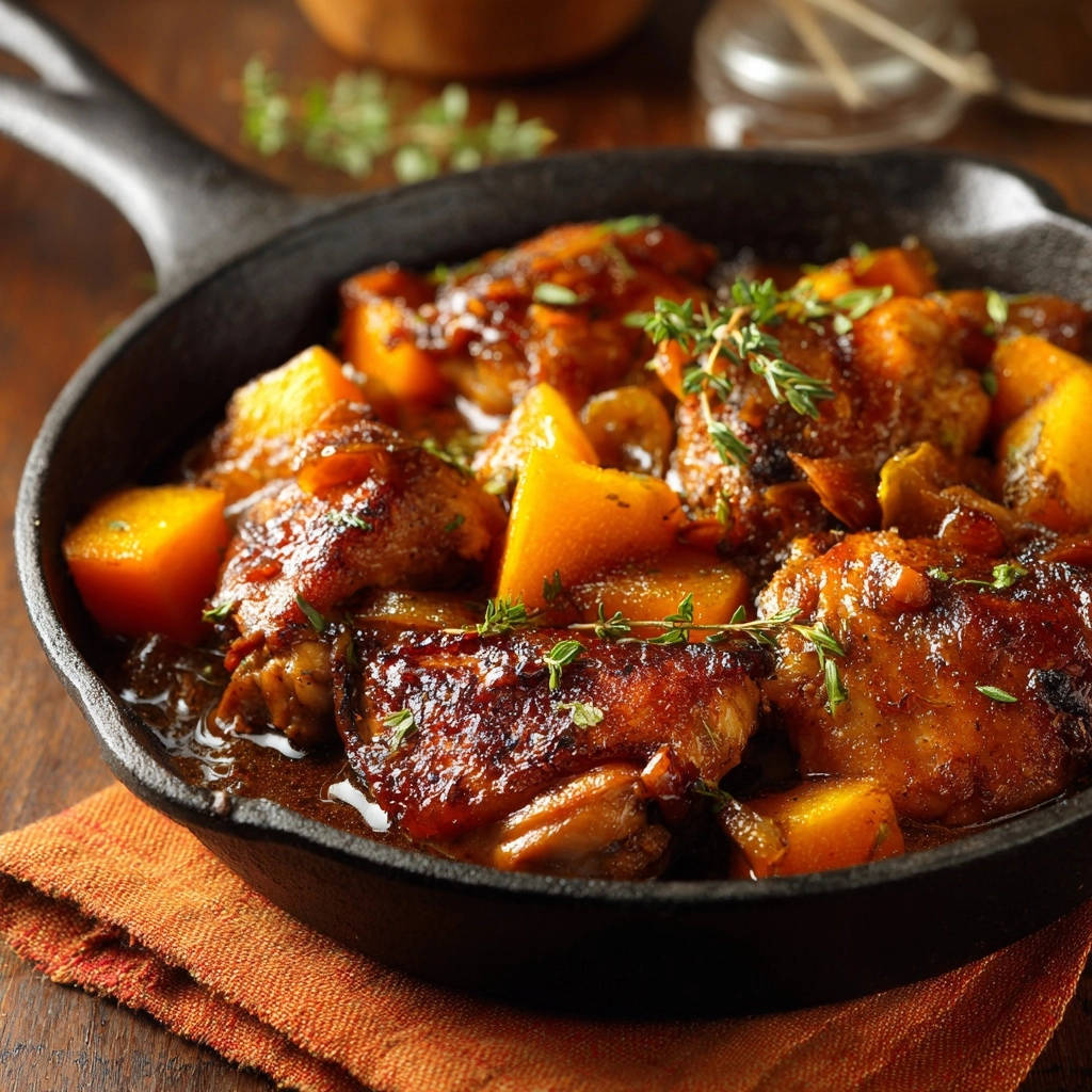 Skillet braised chicken with sweet potato served in a rustic cast iron skillet, garnished with fresh thyme.
