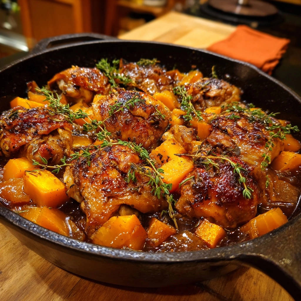 Skillet braised chicken with sweet potato, a close-up view of the dish in a cast iron skillet with fresh thyme garnish.