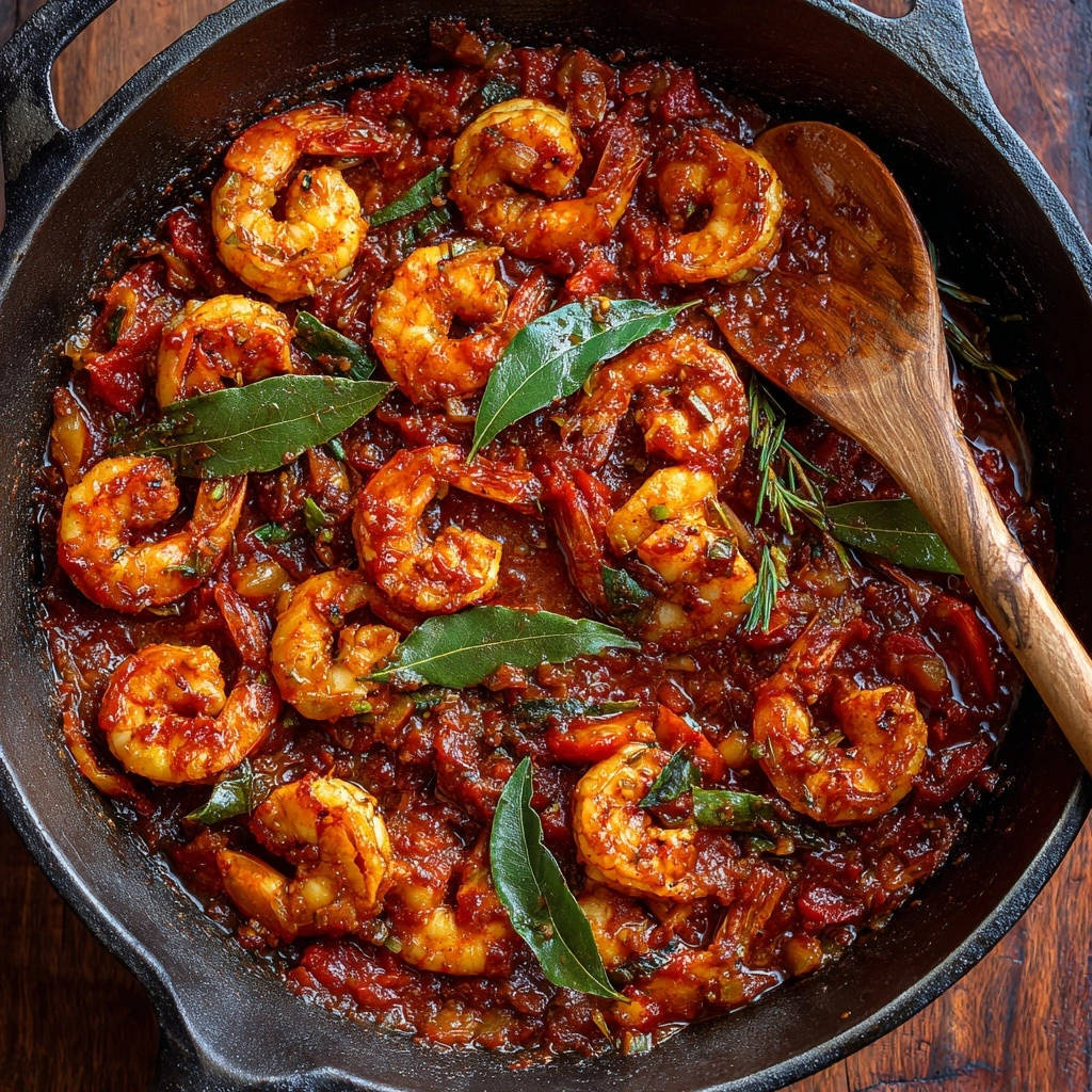 Rich skillet shrimp in a cast iron pan with a wooden spoon, shown from an overhead perspective.