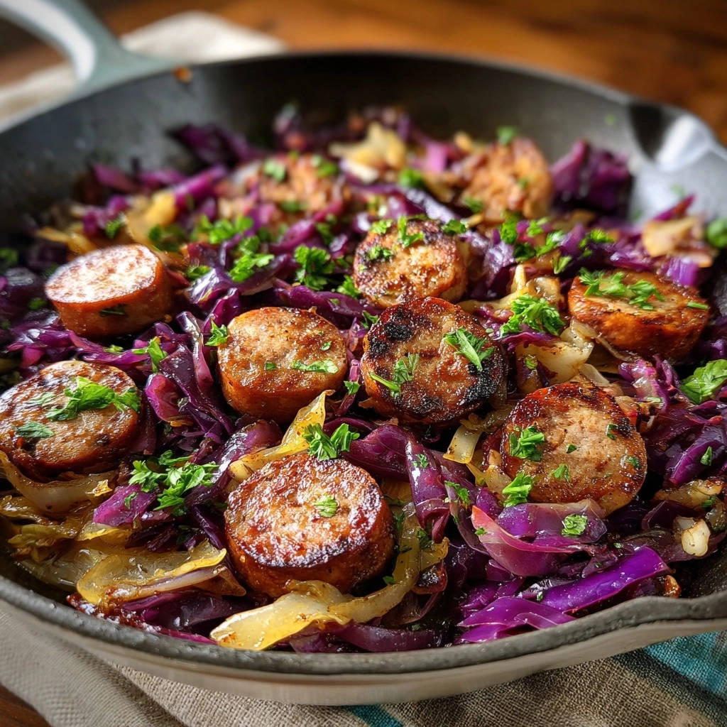 Skillet smoked sausage and cabbage shown in a close-up view within a cast iron skillet, garnished with parsley.
