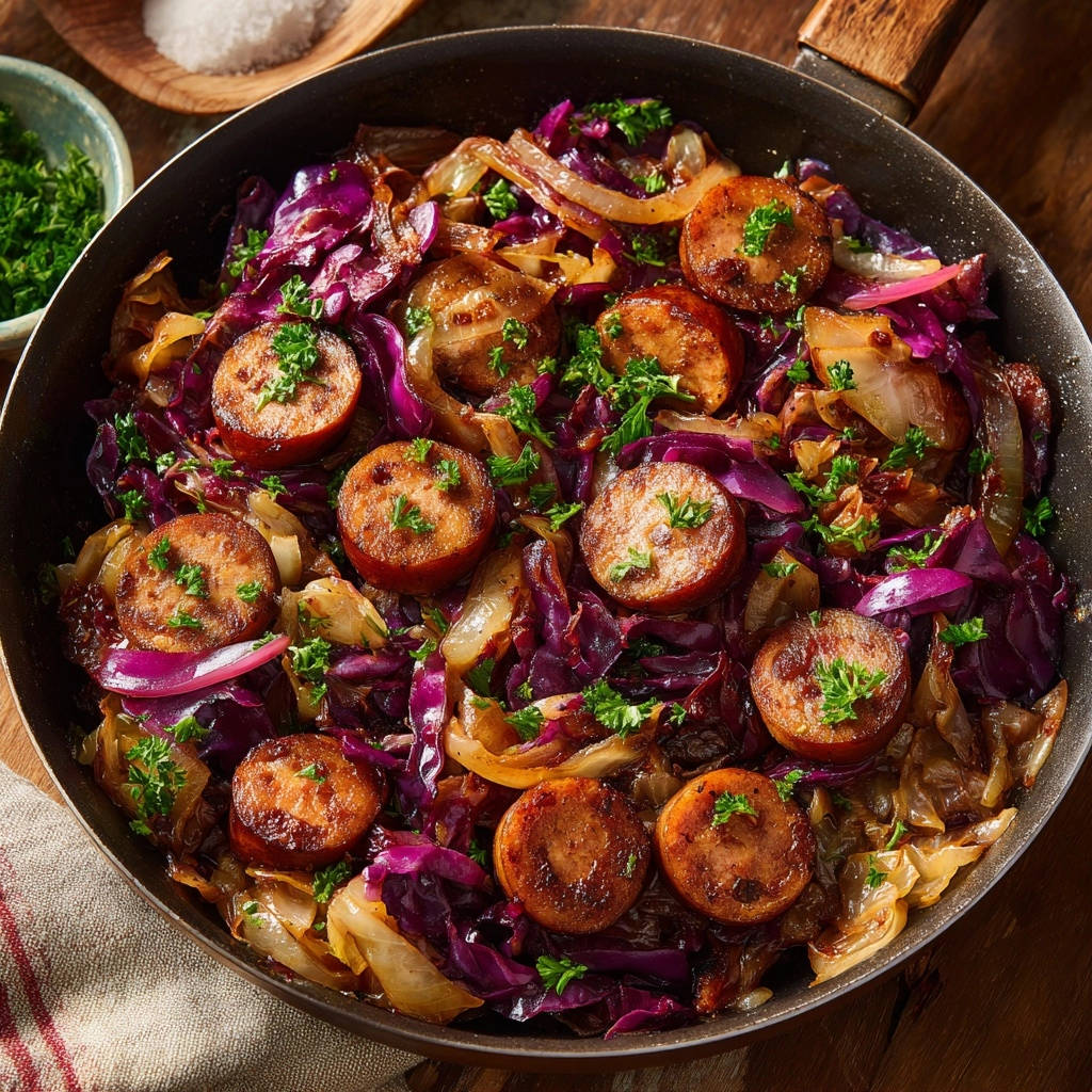 Skillet smoked sausage and cabbage shown in a close-up overhead view within a dark skillet, garnished with parsley.