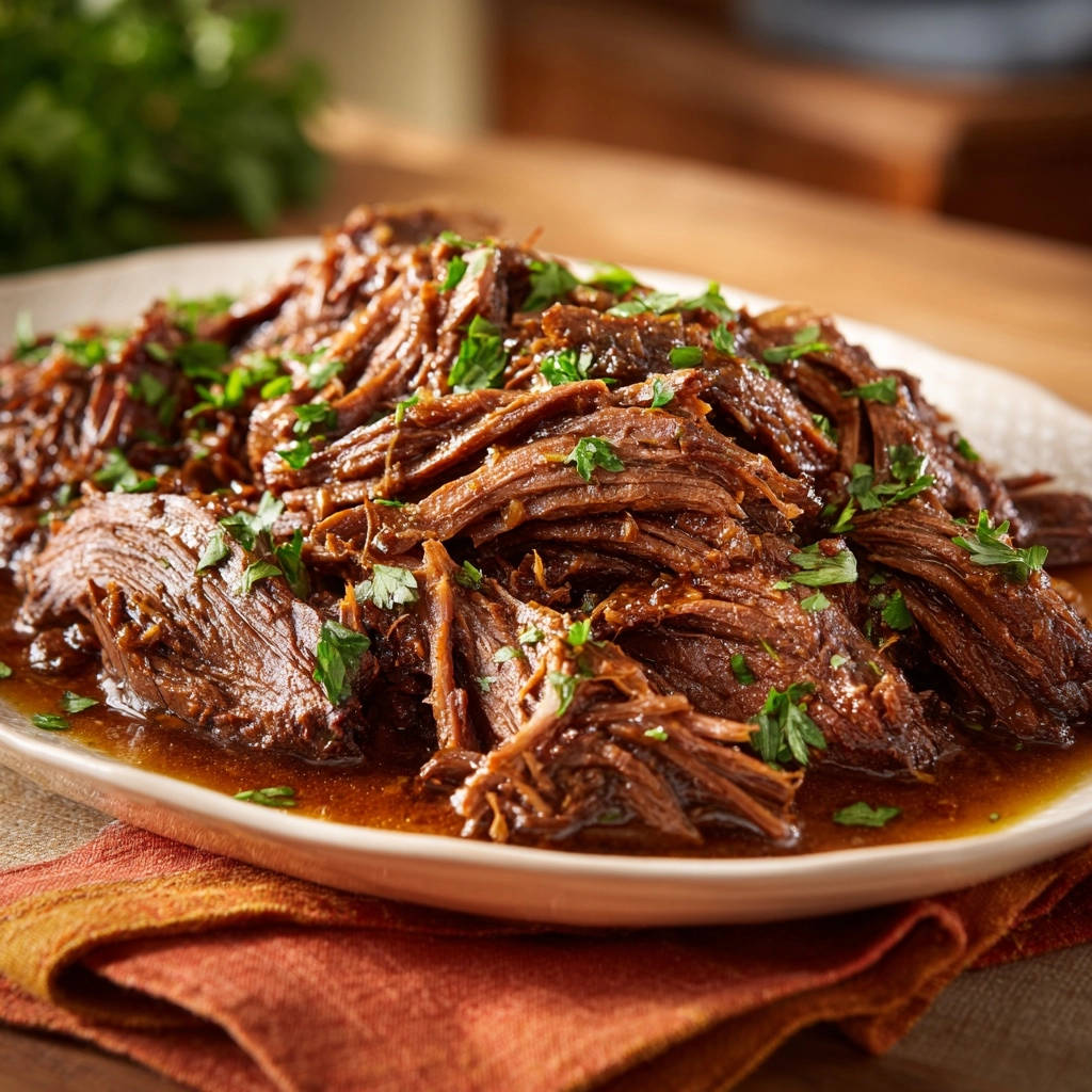 Rich slow-cooked pot roast shown as a fork-tender pile garnished with fresh parsley on a white plate.