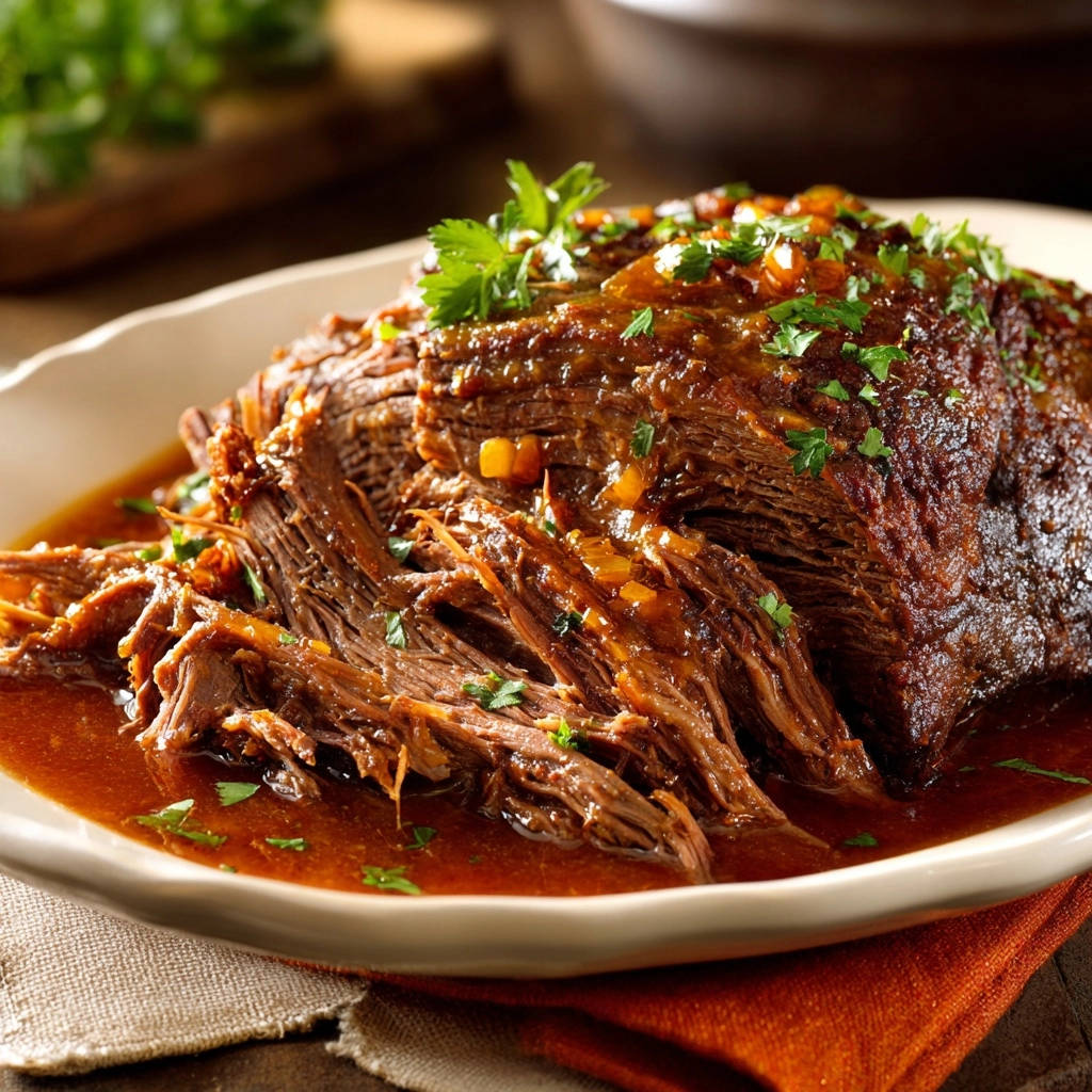 Rich slow-cooked pot roast, fork-tender and sliced, showcasing its moist texture in a savory broth.