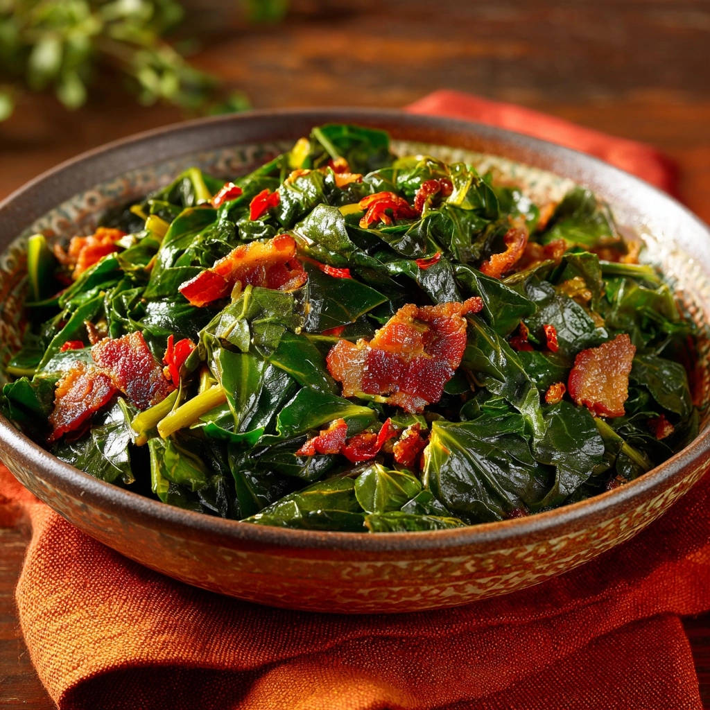 Southern-style cooked greens with crispy bacon pieces and red pepper flakes in a rustic bowl.