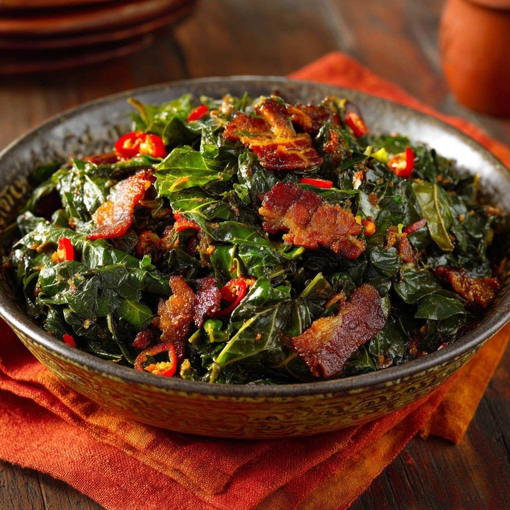 Southern-style cooked greens with bacon and chili peppers, presented in a rustic bowl with a close-up view.